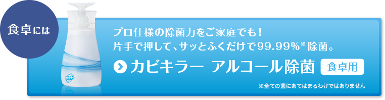 プロ仕様の除菌力をご家庭でも!片手で押して、サッとふくだけで99.99%※ 除菌。カビキラー アルコール除菌 食卓用