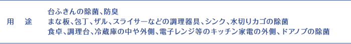 用途:台ふきんの除菌、防臭、まな板、包丁、ザル、スライサーなどの調理器具、シンク、水切りカゴの除菌、食卓、調理台、冷蔵庫の中や外側、電子レンジ等のキッチン家電の外側、ドアノブの除菌