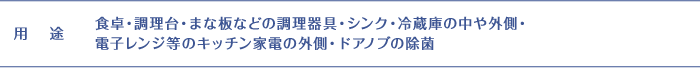 用途:食卓・調理台・まな板などの調理器具・シンク・冷蔵庫の中や外側・電子レンジ等のキッチン家電の外側・ドアノブの除菌